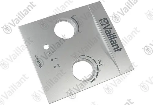 Vaillant Frontblende aus Metall mit mehreren Bedienelementen, darunter Lichtindikatoren und Skala. Geeignet zur Abdeckung von Steuerungselementen.
